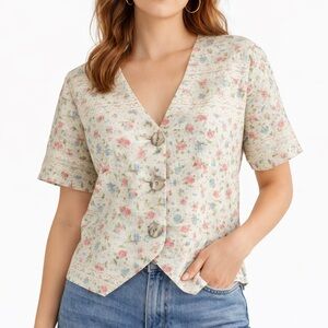 Vintage 90s Prairie Romantic Cottagecore Boho Floral Lace Button Blouse M/L